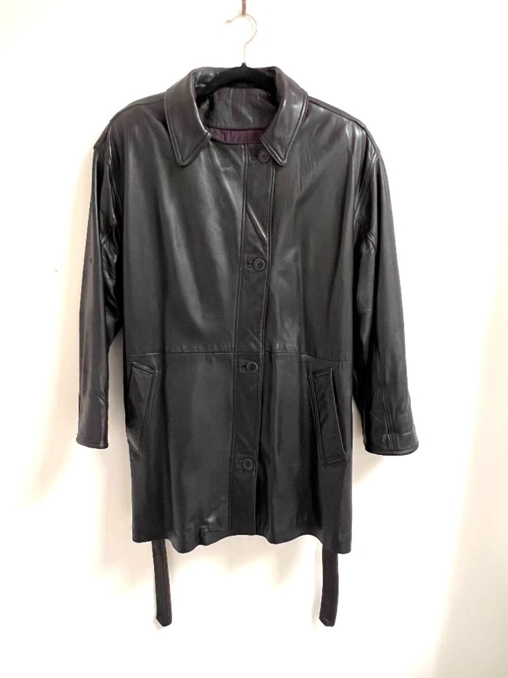 Coach Vintage Full Grain Black Leather Belted Trench Coat Jacket Size S